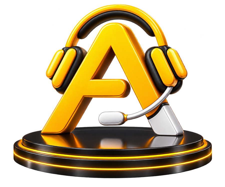 Trojrozmerné logo Amesi so slúchadlami na podstavci